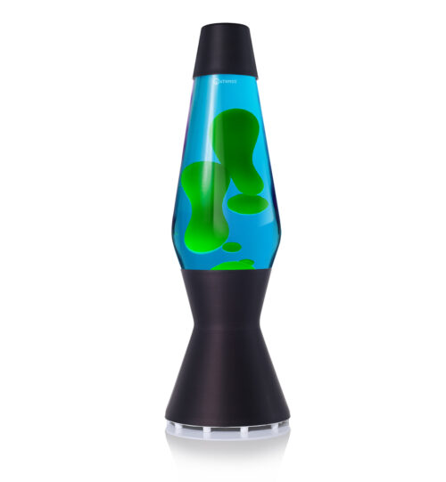 Juodos spalvos lavos lempa su mėlynu vandeniu ir žalia lava