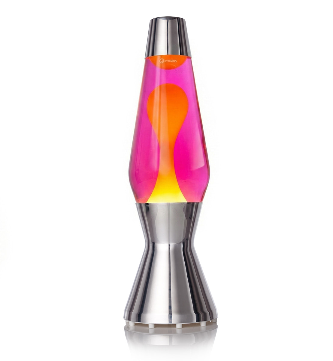 Lampa lawowa Mathmos Astro z żółtą lawą i różowym płynem w srebrnej obudowie na białym tle