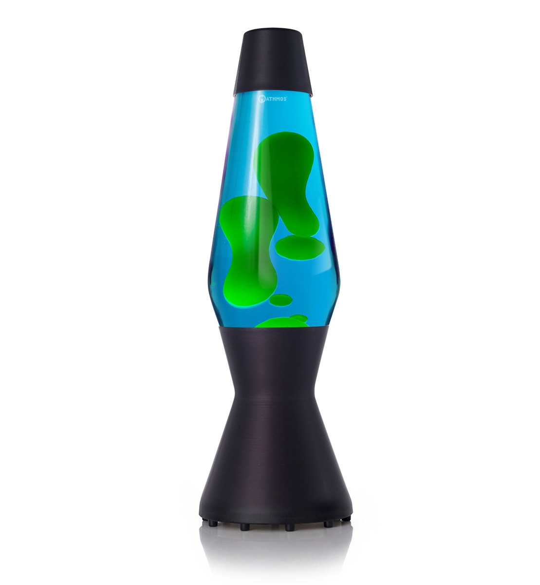 Lampa lawowa Mathmos Astro z zieloną lawą i niebieskim płynem w czarnej obudowie na białym tle
