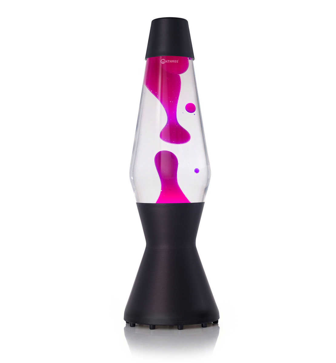 Lampa lawy Mathmos Astro z różową lawą i bezbarwną cieczą w czarnej obudowie na białym tle