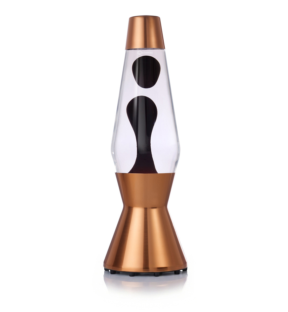 Lampa lawowa Mathmos Astro z czarną lawą i bezbarwną cieczą w miedzianej obudowie na białym tle