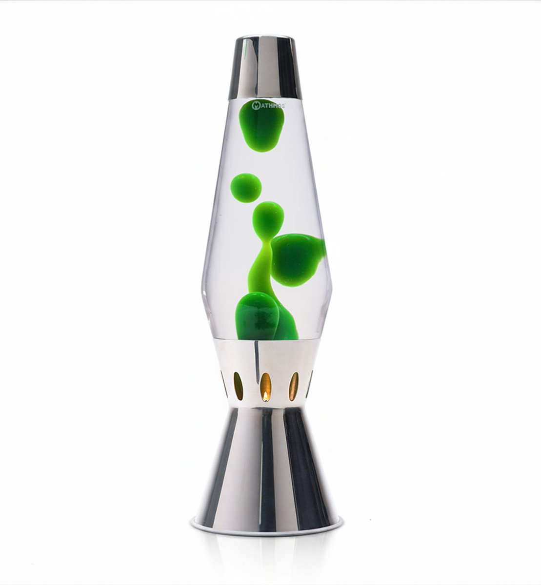 Srebrna świecowa lampa lawy Mathmos Astro Flame z bezbarwnym płynem i zieloną lawą na białym tle