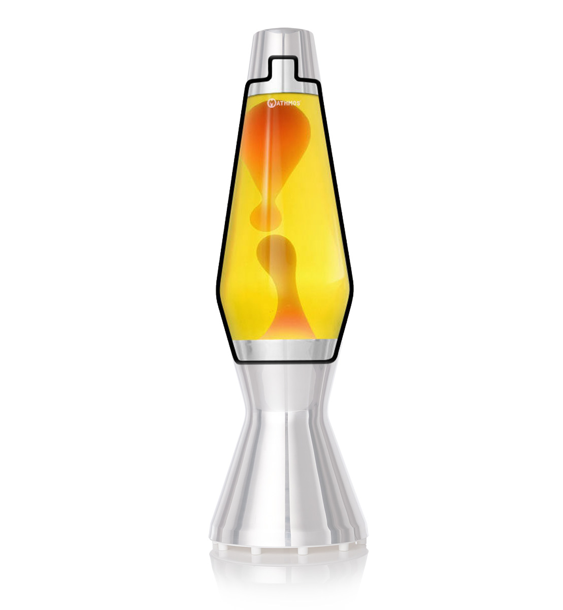 Butelka lampy lawowej Mathmos Astro z żółtą cieczą i pomarańczową lawą