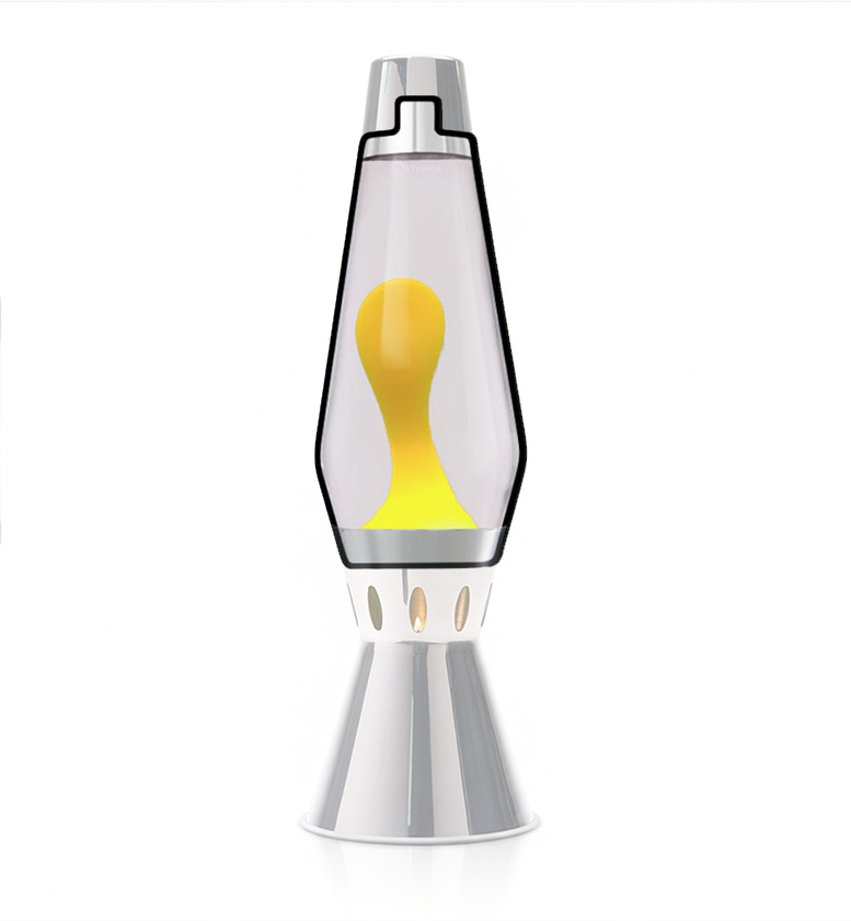 Butelka Mathmos Astro Flame do lampy lawowej z bezbarwną cieczą i żółtą lawą