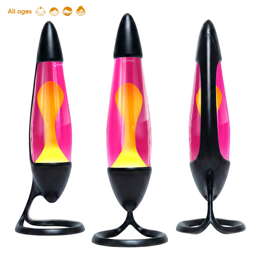 Lampa lawowa Mathmos Neo z czarną obudową, różowym płynem i żółtą lawą, pokazana z kilku kątów na białym tle