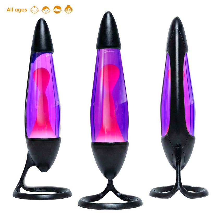 Lampa lawowa Mathmos Neo z czarną obudową, fioletowym płynem i różową lawą, pokazana z kilku kątów na białym tle