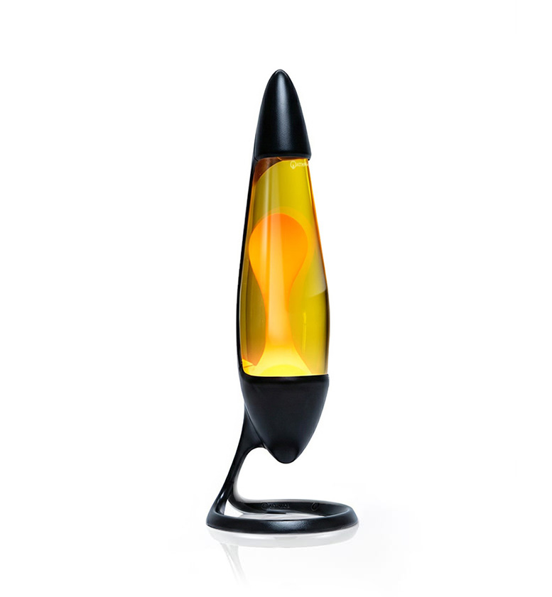 Lampa lawowa Mathmos Neo z czarną obudową, żółtym płynem i pomarańczową lawą, minimalistyczny design na białym tle
