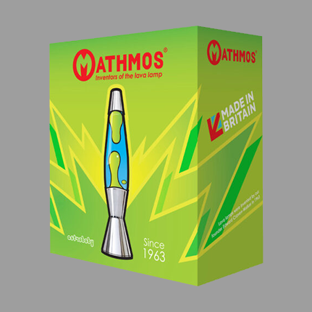 Zielone oryginalne pudełko lampy lawowej Mathmos Astro Baby z napisem „Made in Britain Since 1963" na szarym tle