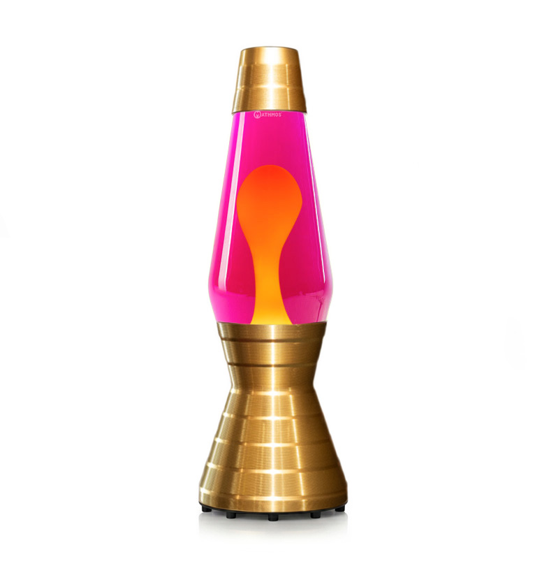 Złota lampa lawa Mathmos Astro Vinyl z różowym płynem i żółtą lawą
