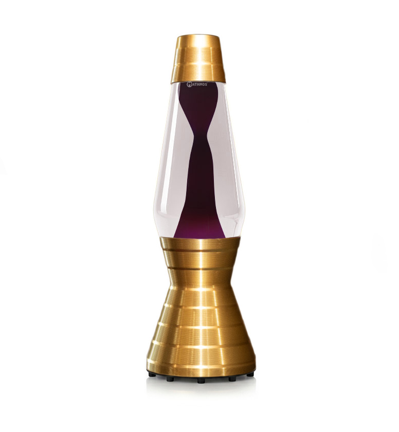 Złota lampa lawa Mathmos Astro Vinyl z bezbarwnym płynem i czarną lawą na przezroczystym tle
