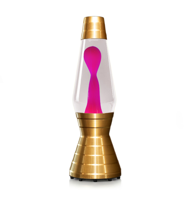 Złota lampa lawa Mathmos Astro Vinyl z bezbarwnym płynem i różową lawą